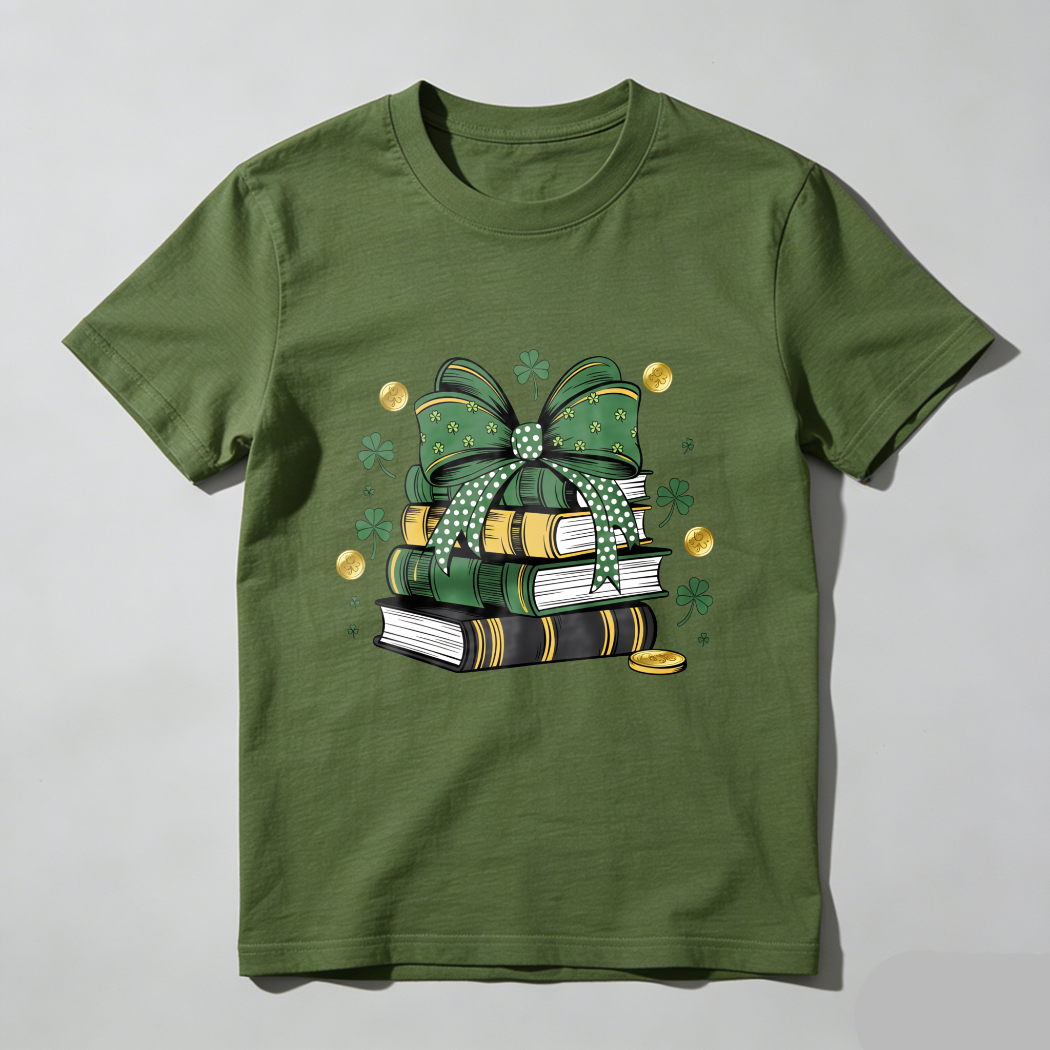 Wardrobecart Green Bow Books Clover Gold Coins tshirt
