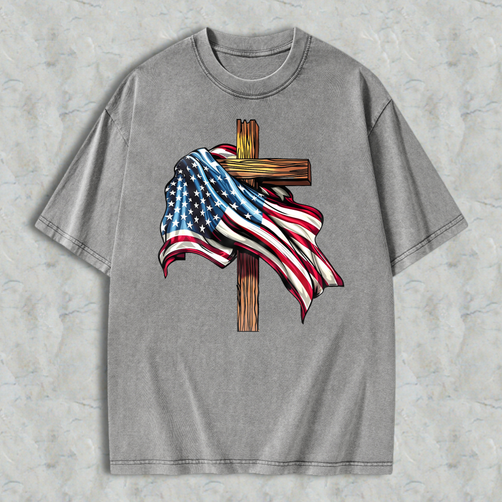 American Flag And Cross Design Washed T-shirt