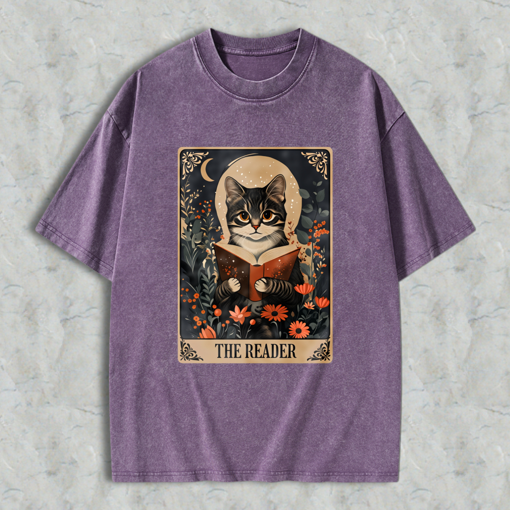 Wardrobecart Cat Reading Book With Floral Background And Moon The Reader Unisex Washed T-shirt