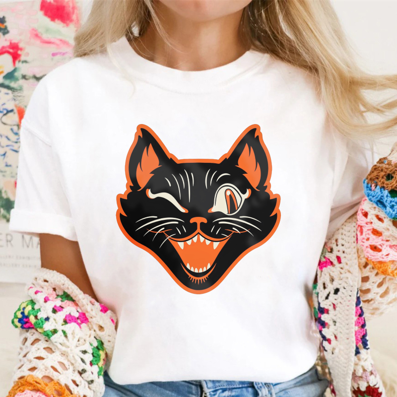 Winking Black Cat Face With Orange Outline And Sharp Teeth, Unisex Classic T-shirt