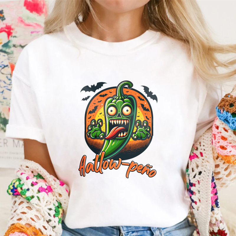 Halloween Funny Scary Green Chili Pepper With Zombie Hands And Bats Moon Background Hallow Peno Pun Unisex Classic T-shirt