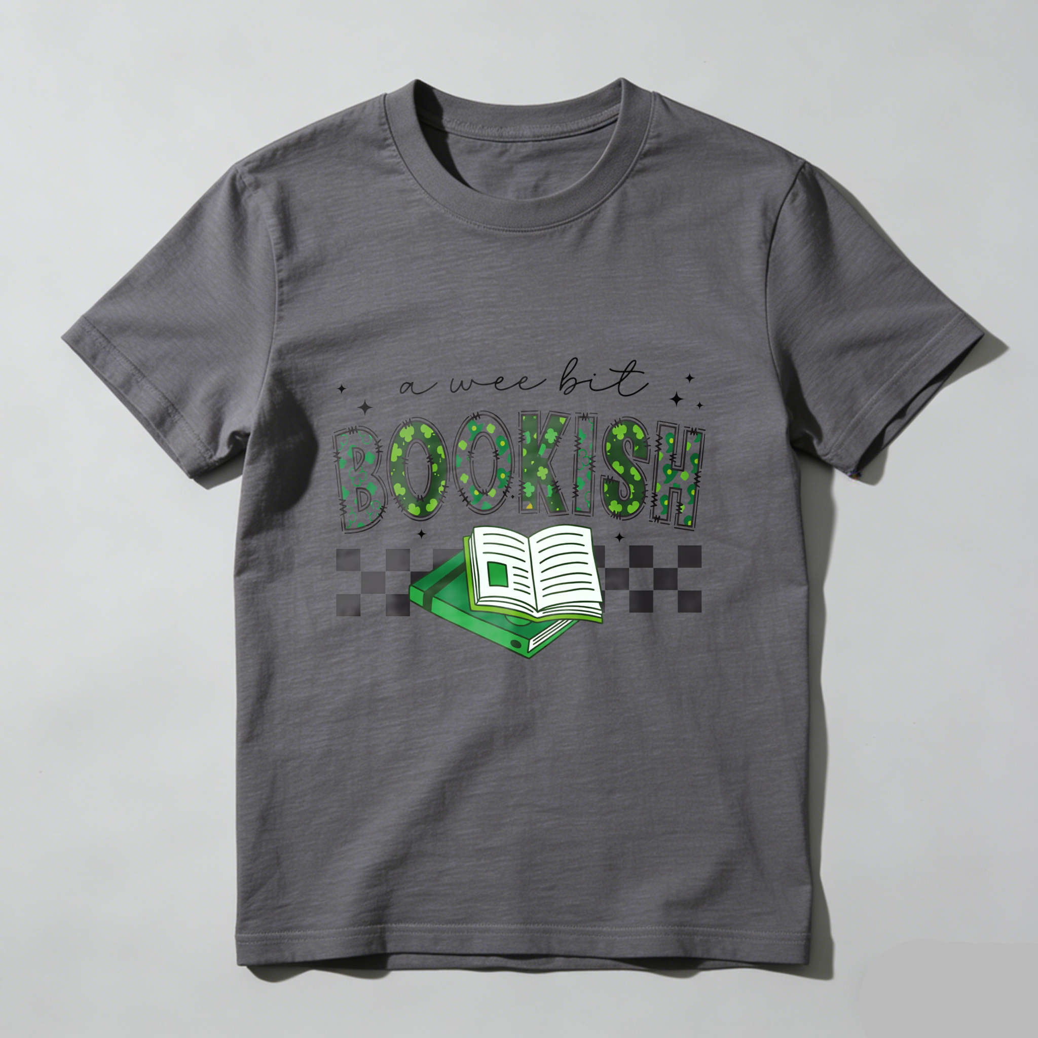 Wardrobecart A Wee Bit Bookish With Open Book And Checkered Pattern tshirt