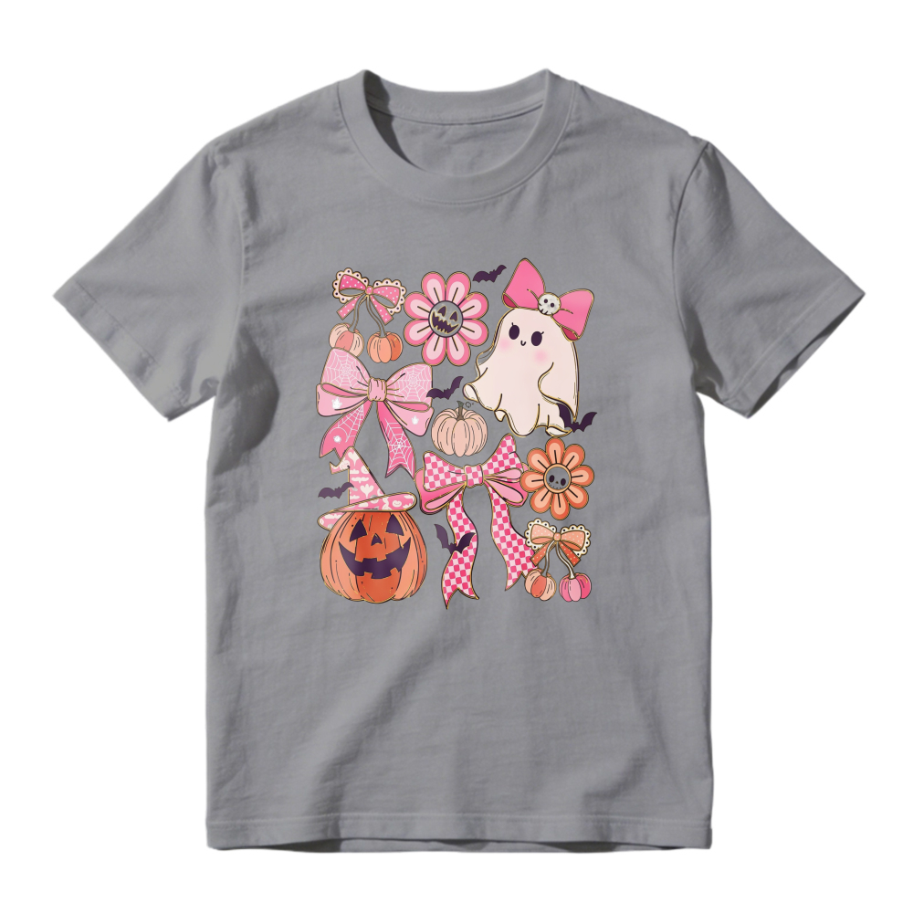 Cute Halloween Ghost Pumpkin And Pink Bow Floral Pattern, Unisex Classic T-shirt