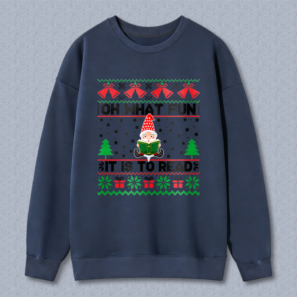 Wardrobecart Christmas Gnome Reading Book Pattern Oh What Fun It Is To Read Unisex Classic Sweatshirt