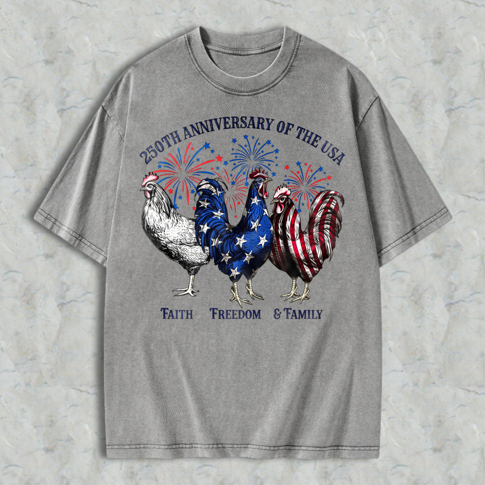Patriotic Roosters With American Flag And Fireworks 250th Anniversary Of The Usa Washed T-shirt