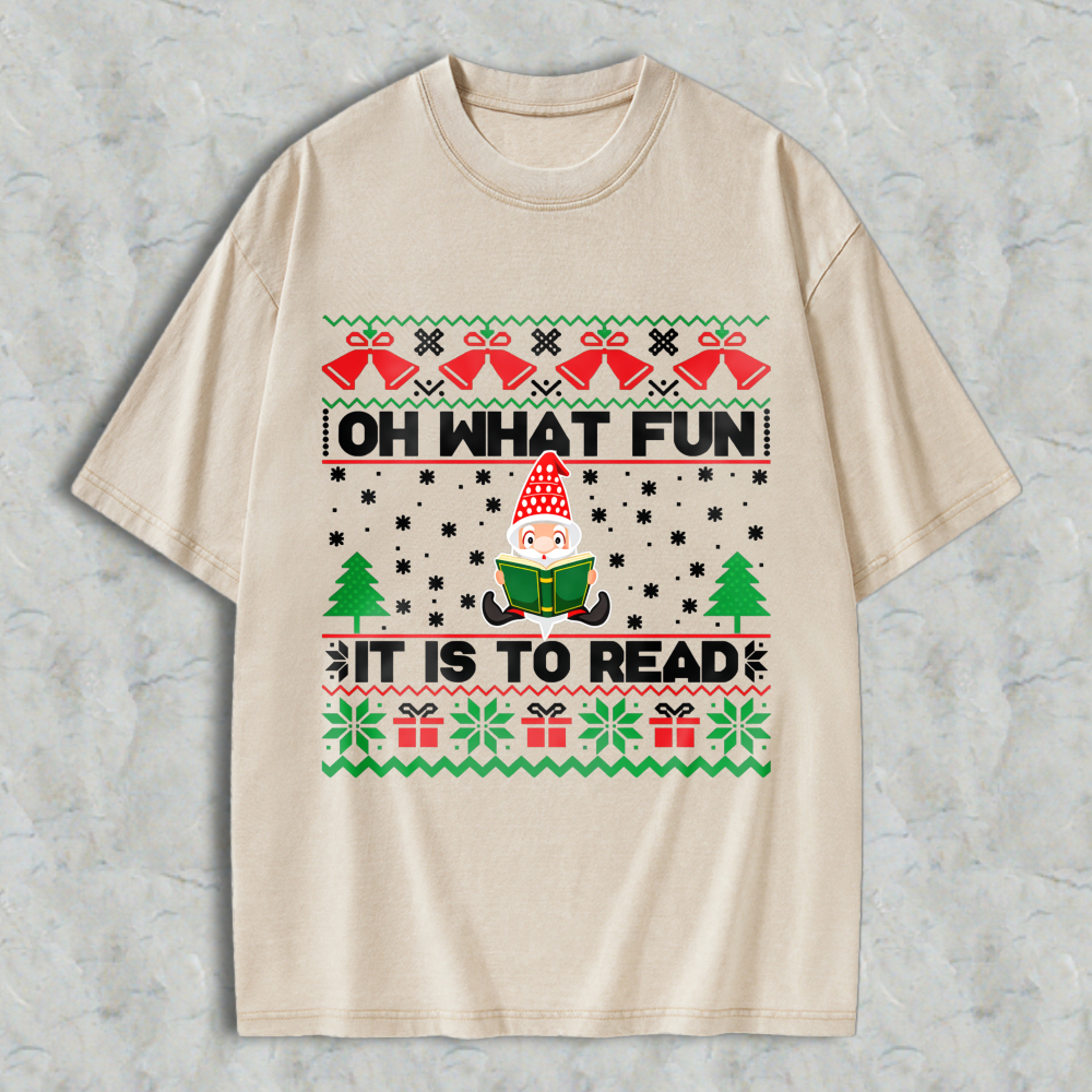 Wardrobecart Christmas Elf Reading Book With Trees And Gifts Pattern Unisex Washed T-shirt