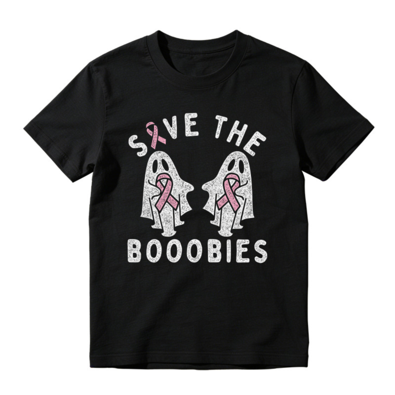 Save The Boobies Pink Ribbon Awareness Ghosts Funny Breast Cancer Support T-shirt