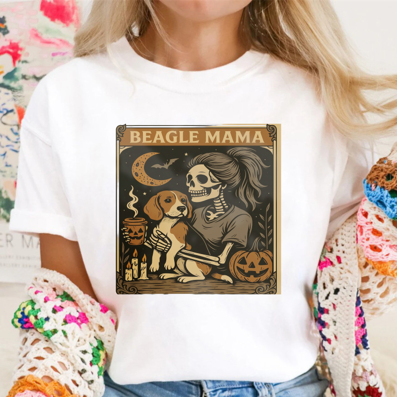 Skeleton Woman Holding Beagle Puppy, Halloween Pumpkin Moon Gothic Art, Beagle Mama, Unisex Classic T-shirt