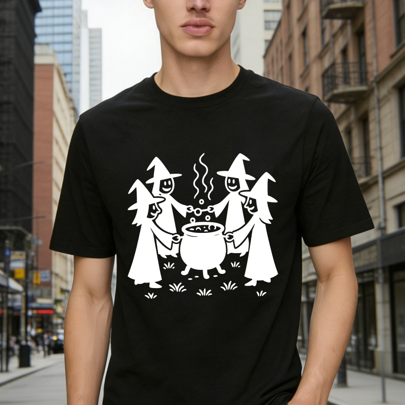 Cute Cartoon Witches Stirring Cauldron Halloween Graphic, Unisex Classic T-shirt