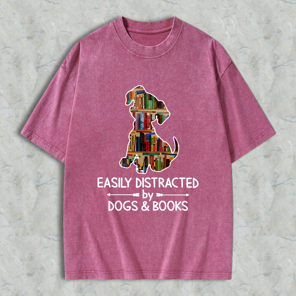 Wardrobecart Dog And Books Pattern Easily Distracted By Dogs And Books Unisex Washed T-shirt