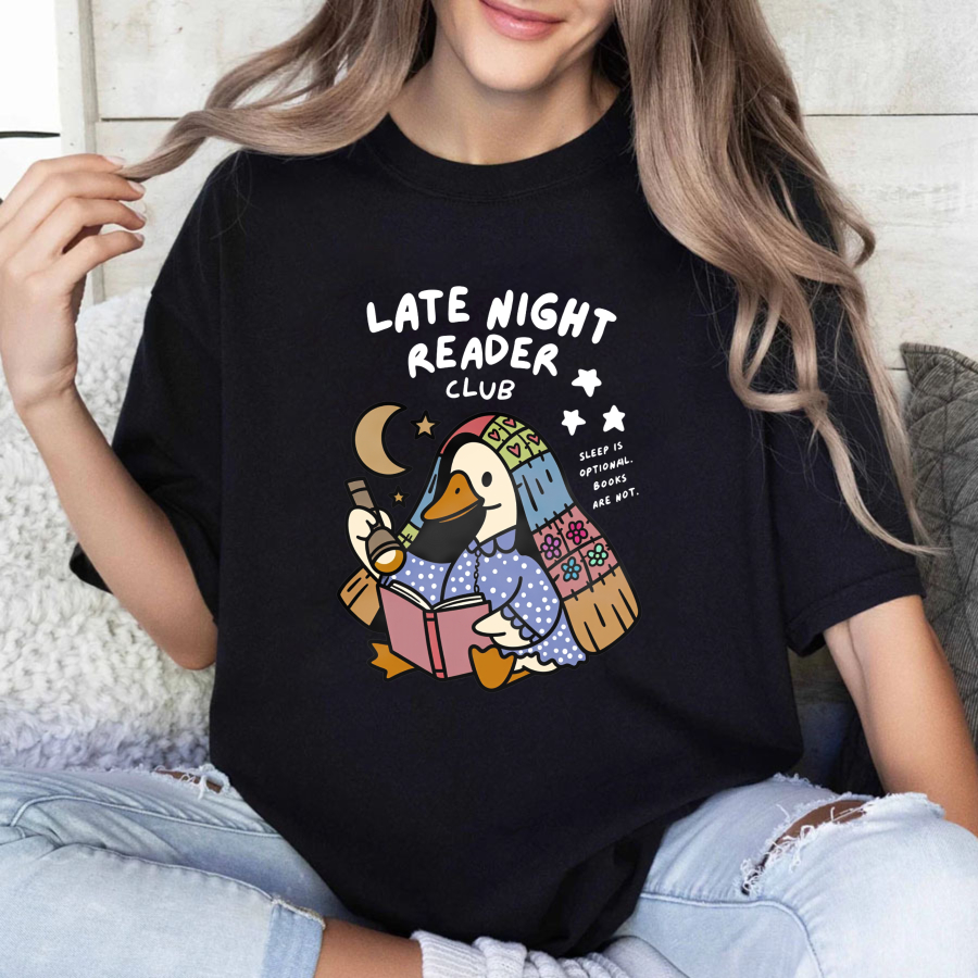 Wardrobecart Late Night Reader Club Duck Reading Book Tshirt