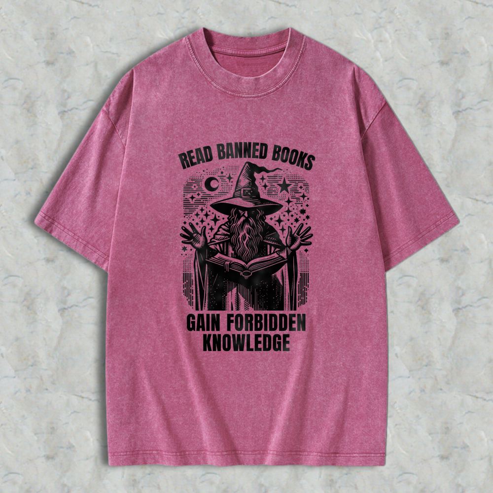 Wardrobecart Read Banned Books Gain Forbidden Knowledge Wizard With Open Book And Stars Unisex Washed T-shirt
