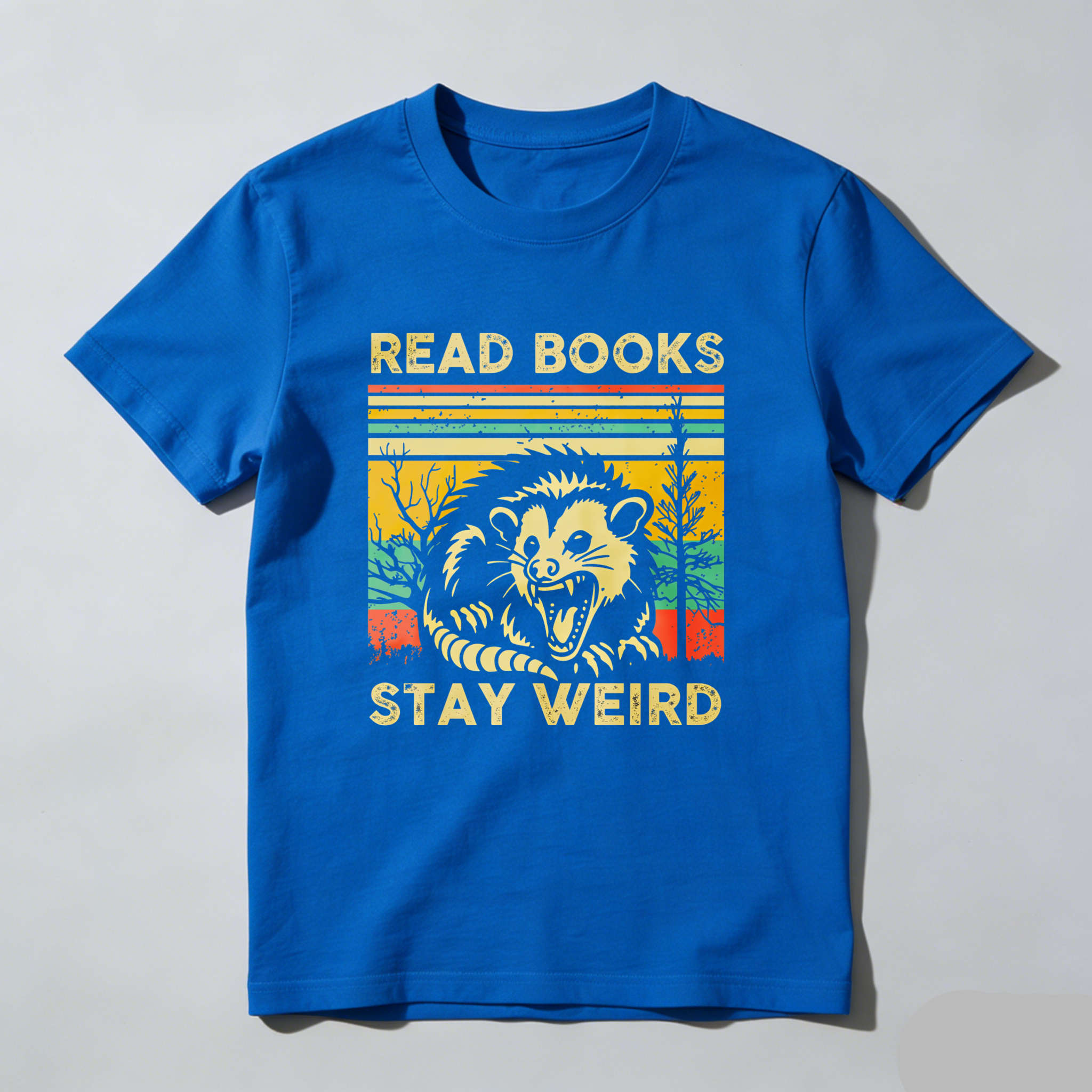 Wardrobecart Read Books Stay Weird Opossum Sunset Trees Tshirt