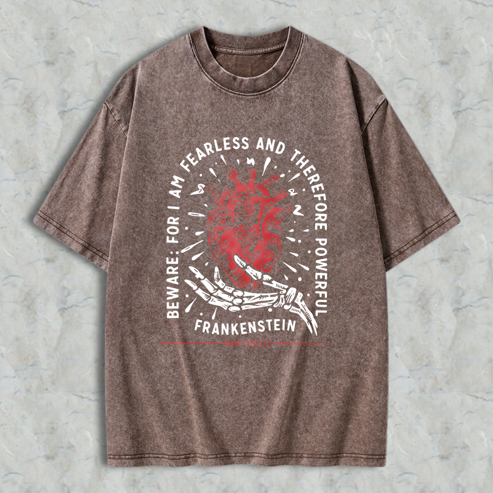Wardrobecart Frankenstein Heart And Skeleton Hand Design With Quote From Mary Shelley Unisex Washed T-shirt