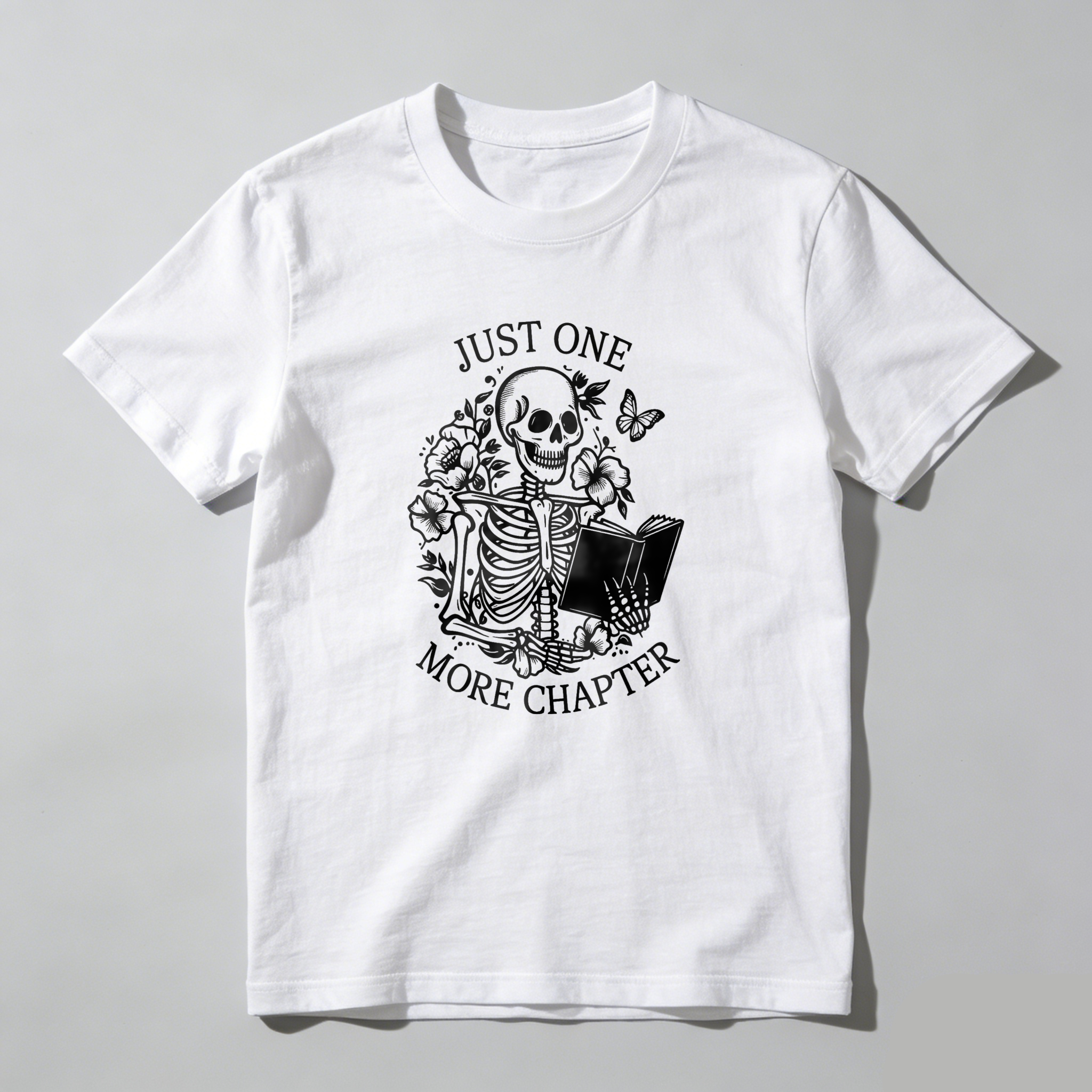 Wardrobecart Skeleton Reading Book With Flowers And Butterfly Tshirt
