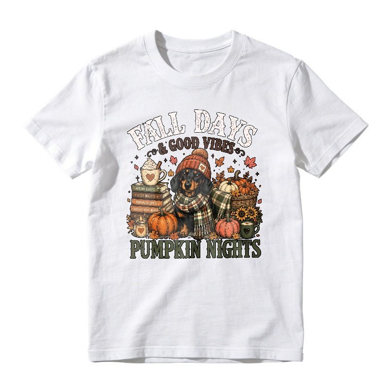 Fall Days And Good Vibes Pumpkin Nights Dachshund With Books And Pumpkins Autumn Season Graphic, Unisex Classic T-shirt