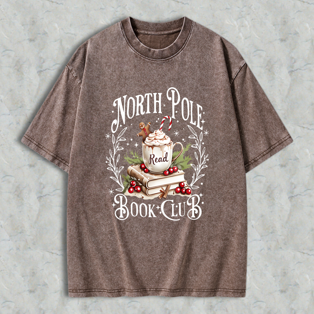 Wardrobecart North Pole Book Club Christmas Reading Theme With Mug Books And Holly Unisex Washed T-shirt
