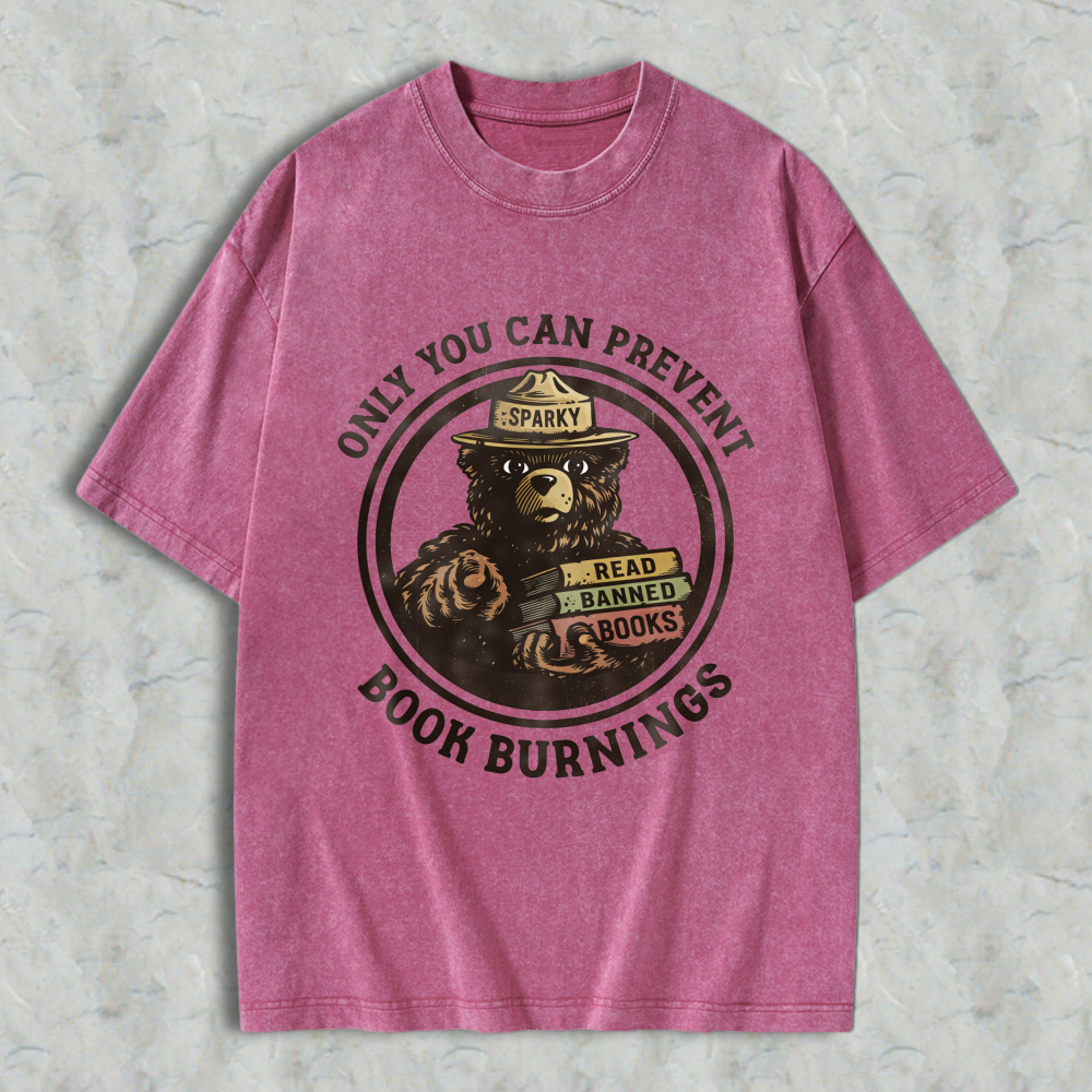 Wardrobecart Bear Reading Banned Books Sparky Ranger Hat Only You Can Prevent Book Burning Unisex Washed T-shirt