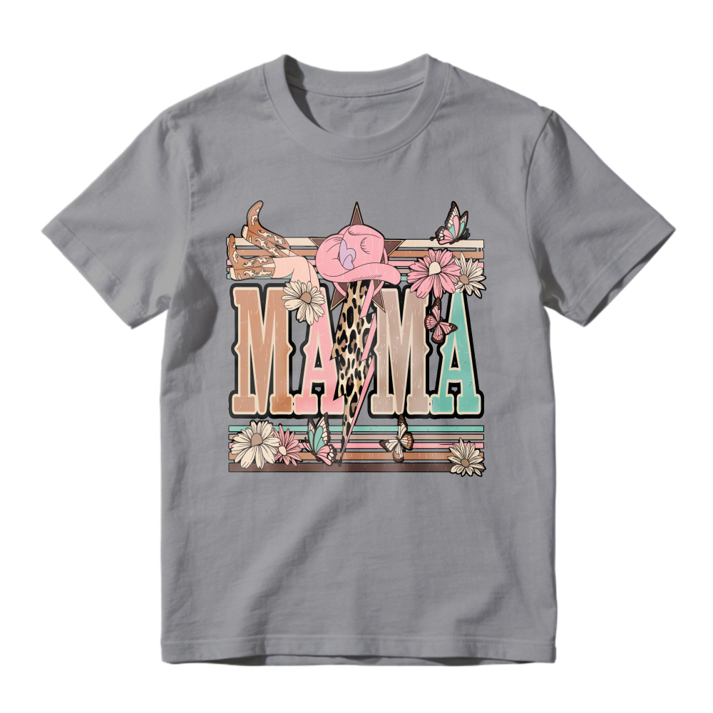 Mama Text With Pink Cowboy Hat, Leopard Print, Flowers And Butterflies, Retro Striped Background, Unisex Classic T-shirt