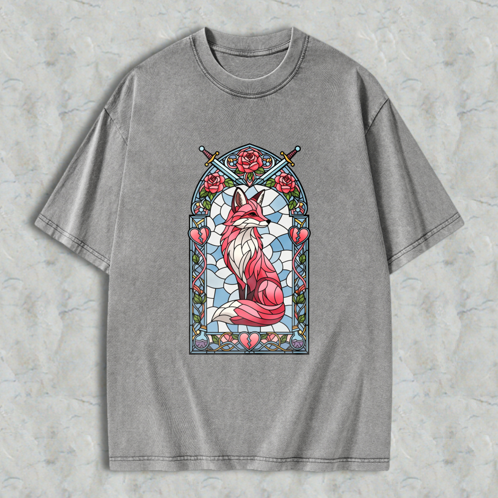 Wardrobecart Stained Glass Fox With Roses And Swords Unisex Washed T-shirt