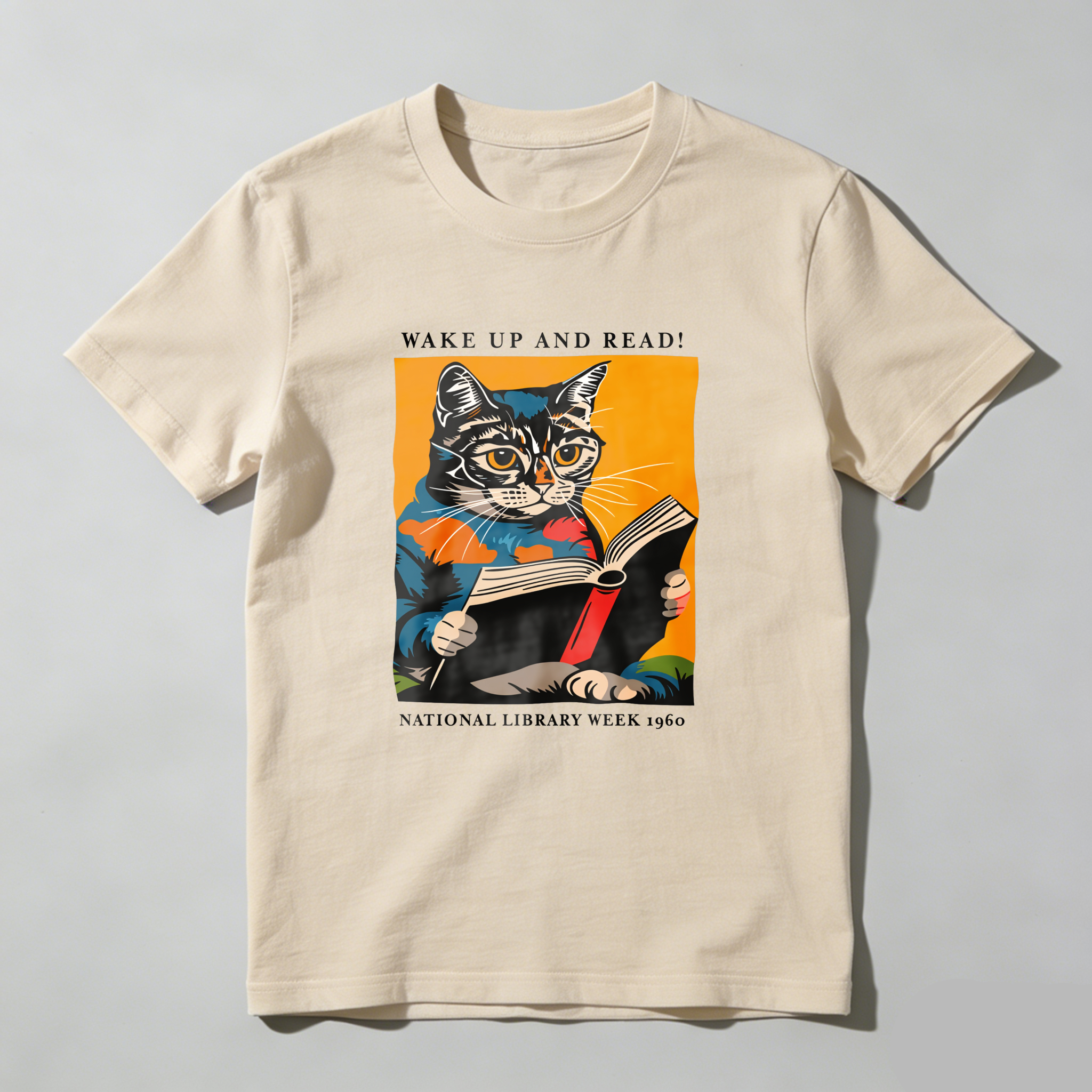 Wardrobecart Cat Reading Book With Text Wake Up And Read National Library Week 1960 Tshirt 100% cotton