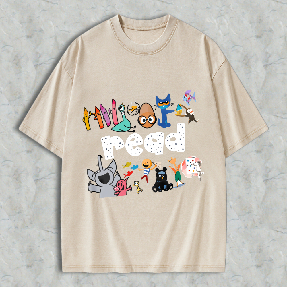 Wardrobecart Cartoon Characters And Crayons Read Unisex Washed T-shirt