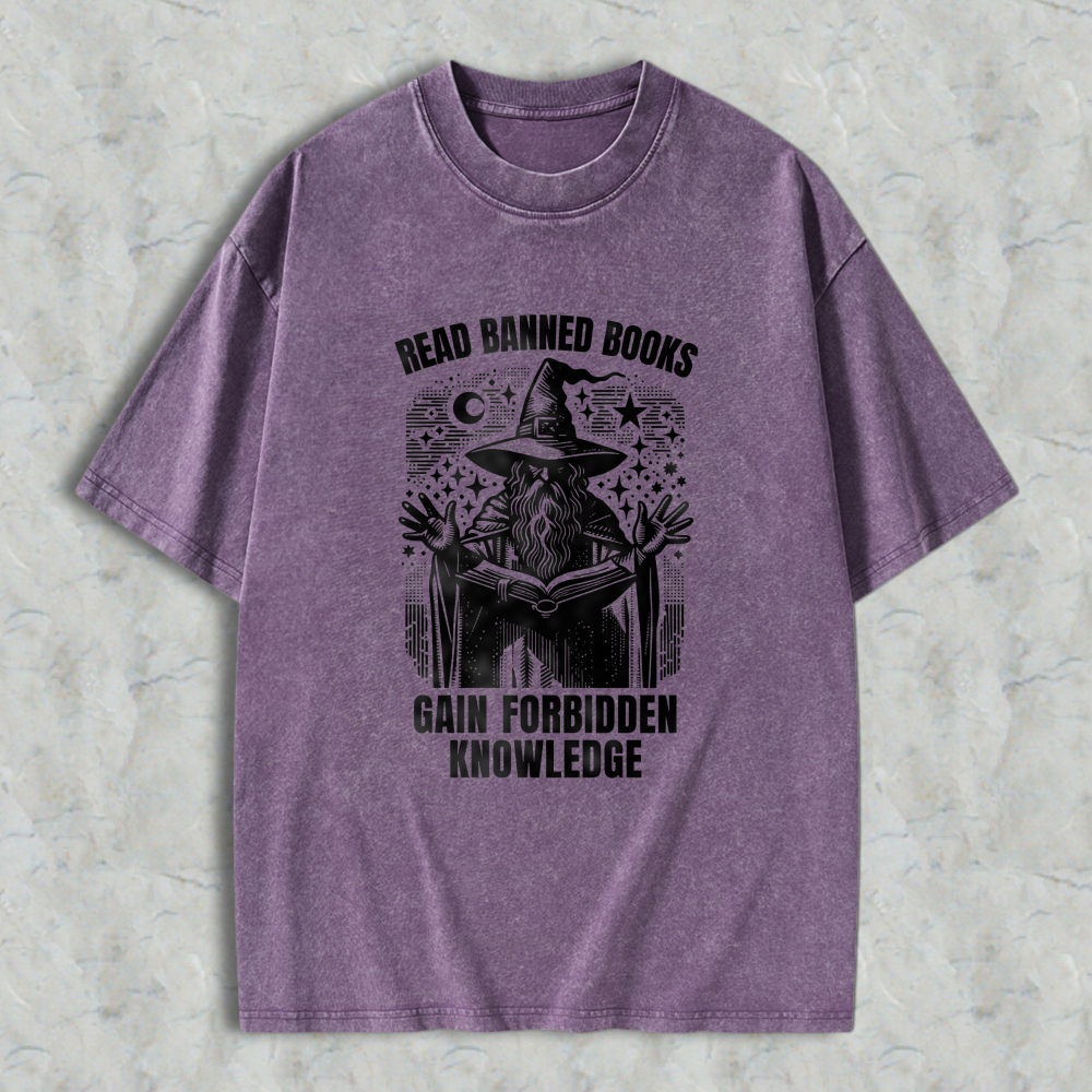 Wardrobecart Read Banned Books Gain Forbidden Knowledge Wizard With Open Book And Stars Unisex Washed T-shirt