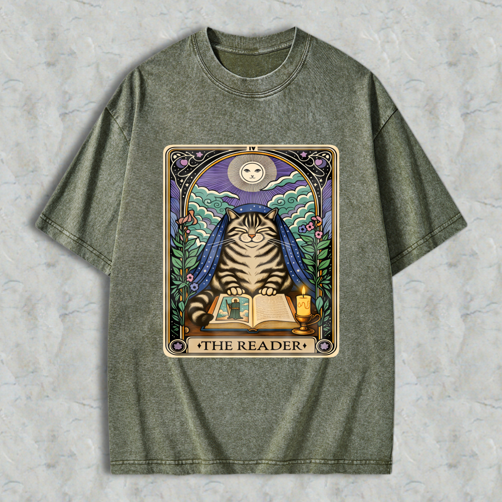 Wardrobecart Cat Reading Book Tarot Card The Reader Unisex Washed T-shirt