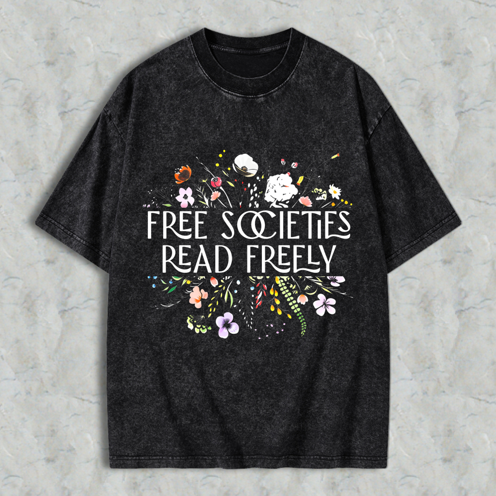 Wardrobecart Free Societies Read Freely Floral Design Unisex Washed T-shirt