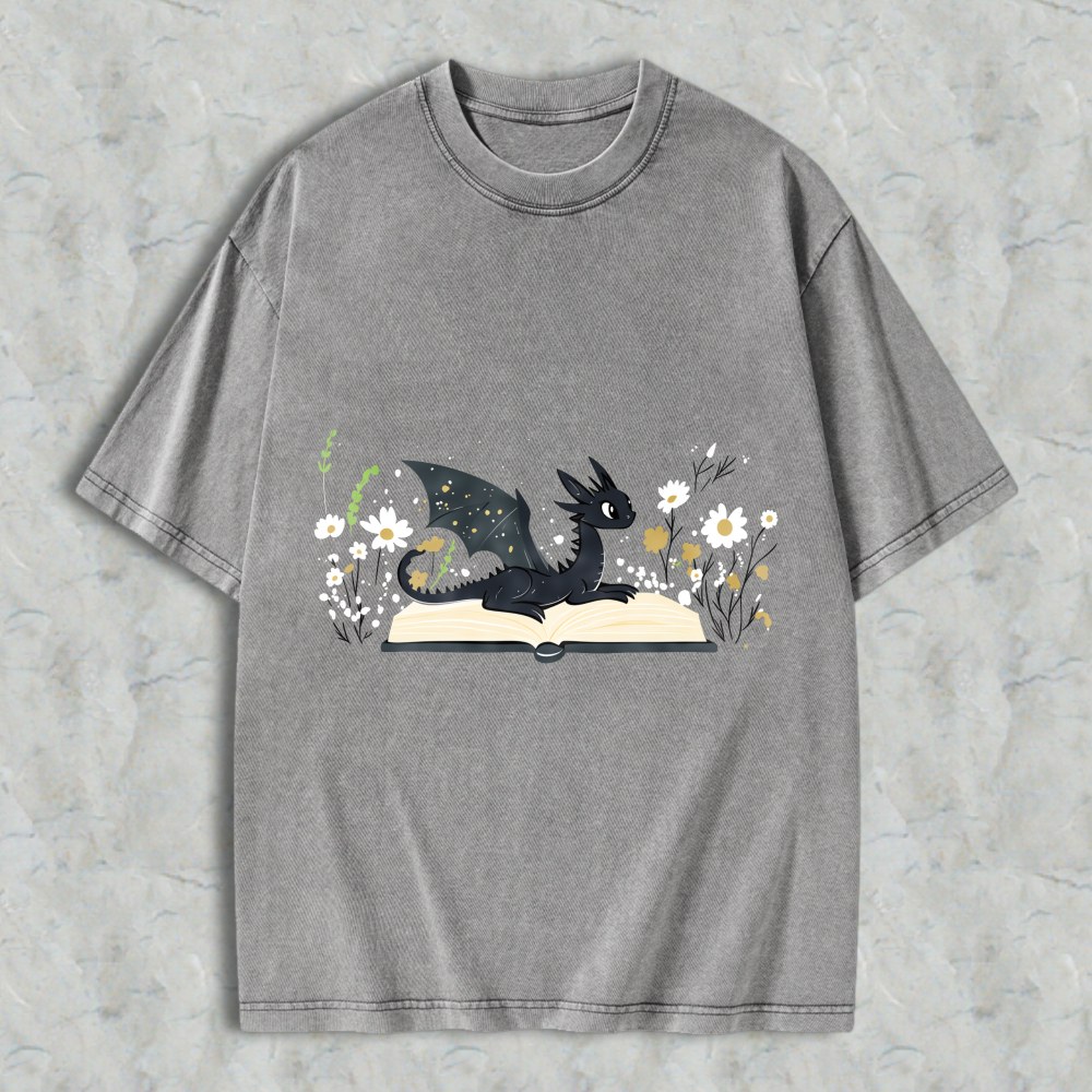 Wardrobecart Dragon Reading Book With Flowers Unisex Washed T-shirt