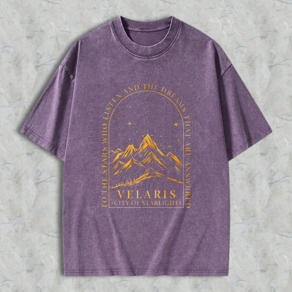 Wardrobecart Mountain Landscape With Stars And Text Velaris City Of Starlight Unisex Washed T-shirt