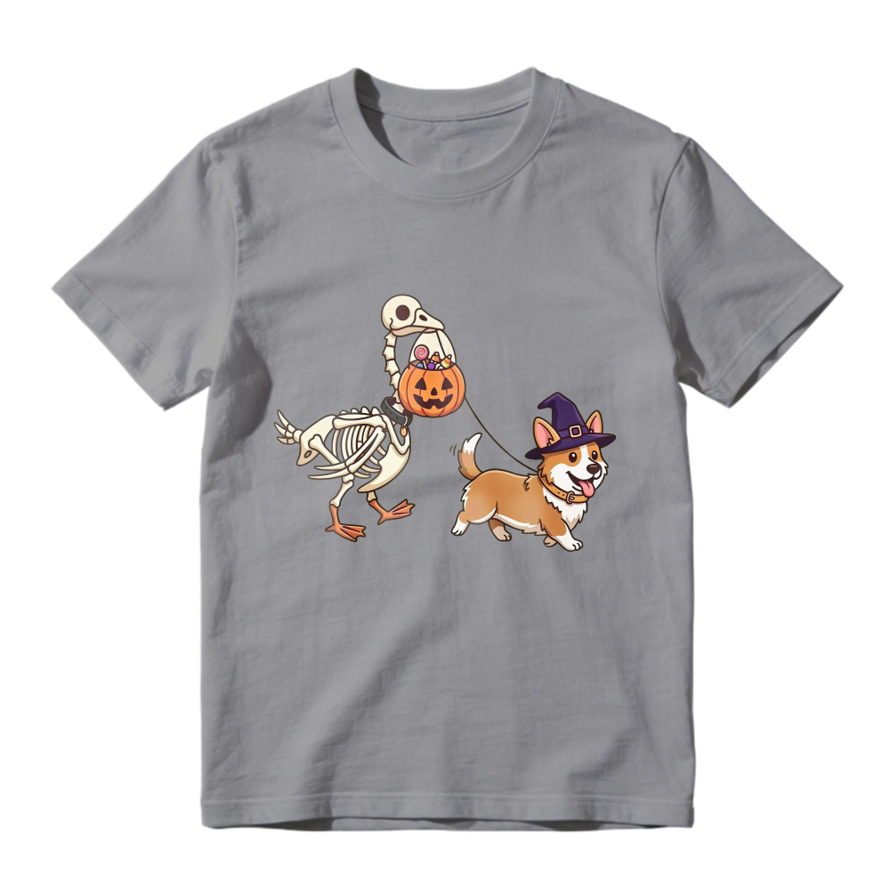 Halloween Corgi In Witch Hat Walking Skeleton Duck With Pumpkin Bucket, Unisex Classic T-shirt