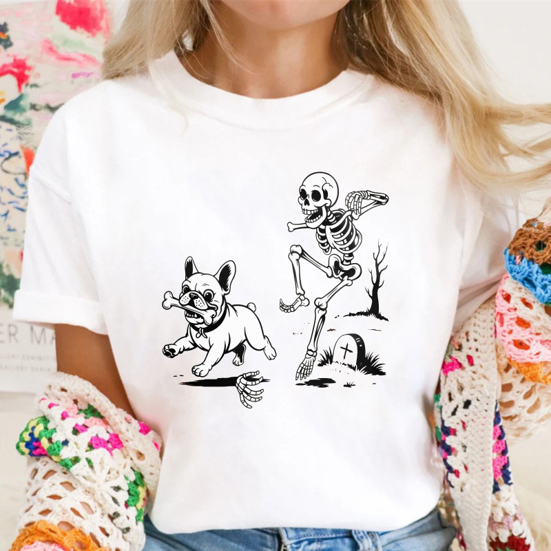 Skeleton Chasing French Bulldog With Bone In Graveyard, Unisex Classic T-shirt