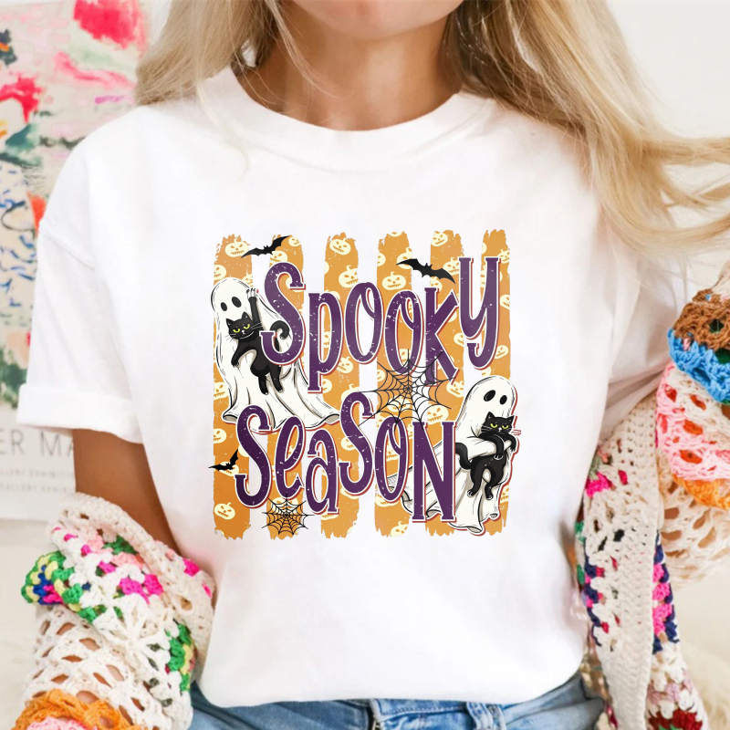 Spooky Season Halloween Ghost Black Cat Bat Spider Web Graphic, Unisex Classic T-shirt