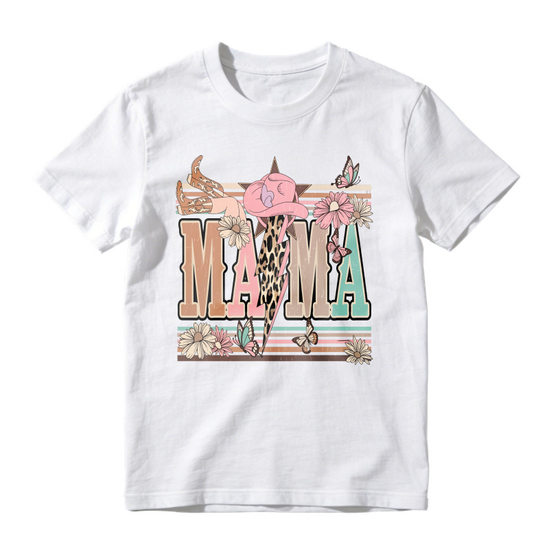 Mama Text With Pink Cowboy Hat, Leopard Print, Flowers And Butterflies, Retro Striped Background, Unisex Classic T-shirt