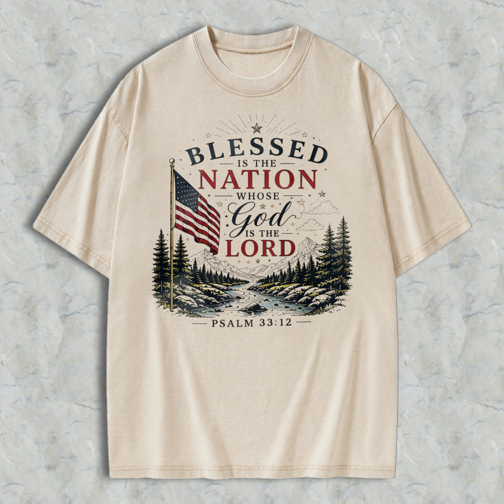 Blessed Is The Nation Whose God Is The Lord Psalm 3312 American Flag Mountain Landscape Washed T-shirt