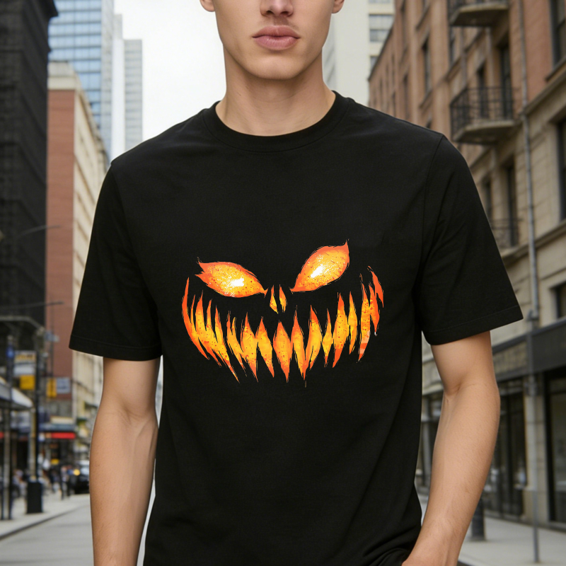 Glowing Orange Pumpkin Face With Sharp Teeth And Evil Eyes Unisex Classic T-shirt