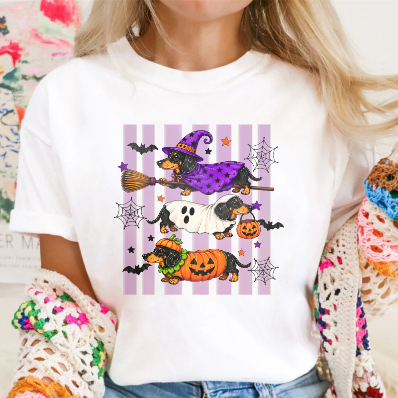 Halloween Dachshund Witch Ghost Pumpkin Dog Striped Background, Unisex Classic T-shirt