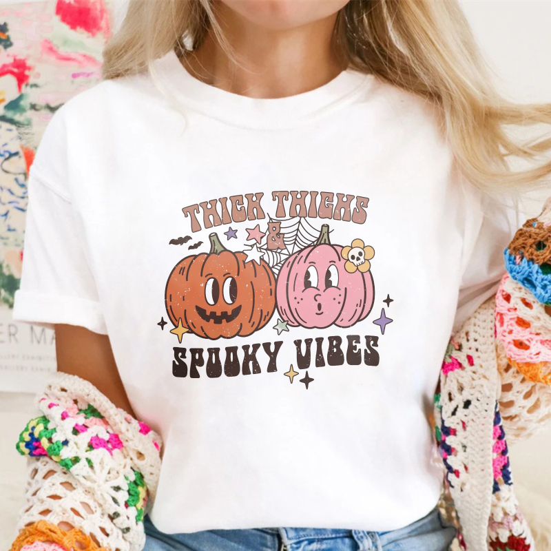 Thick Thighs Spooky Vibes Halloween Pumpkin Cartoon Graphic, Unisex Classic T-shirt