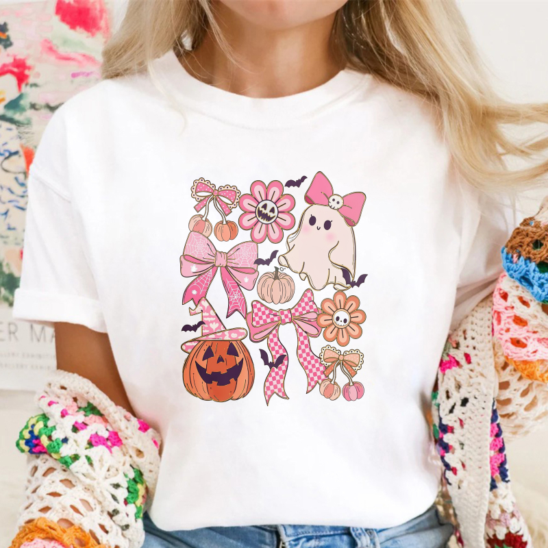Cute Halloween Ghost Pumpkin And Pink Bow Floral Pattern, Unisex Classic T-shirt
