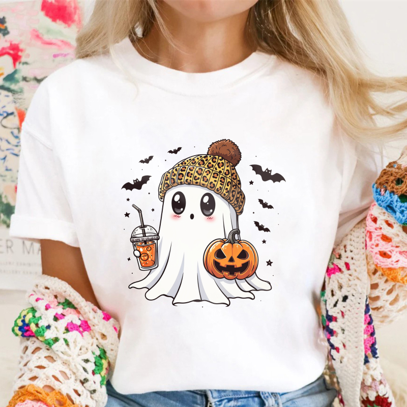 Cute Ghost Wearing Leopard Beanie Holding Pumpkin And Drink Unisex Classic T-shirt
