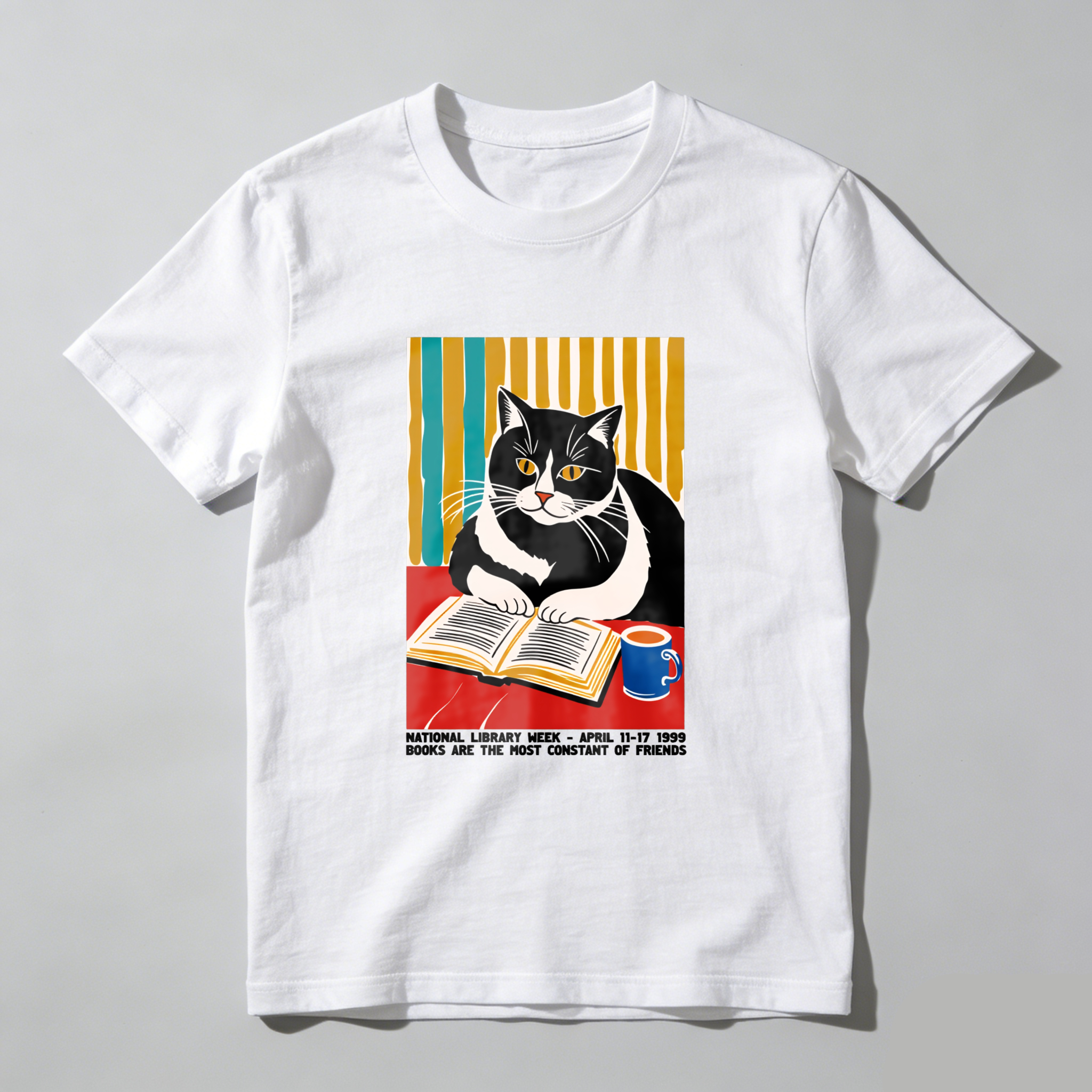 Wardrobecart Cat Reading Book With Coffee Cup Tshirt