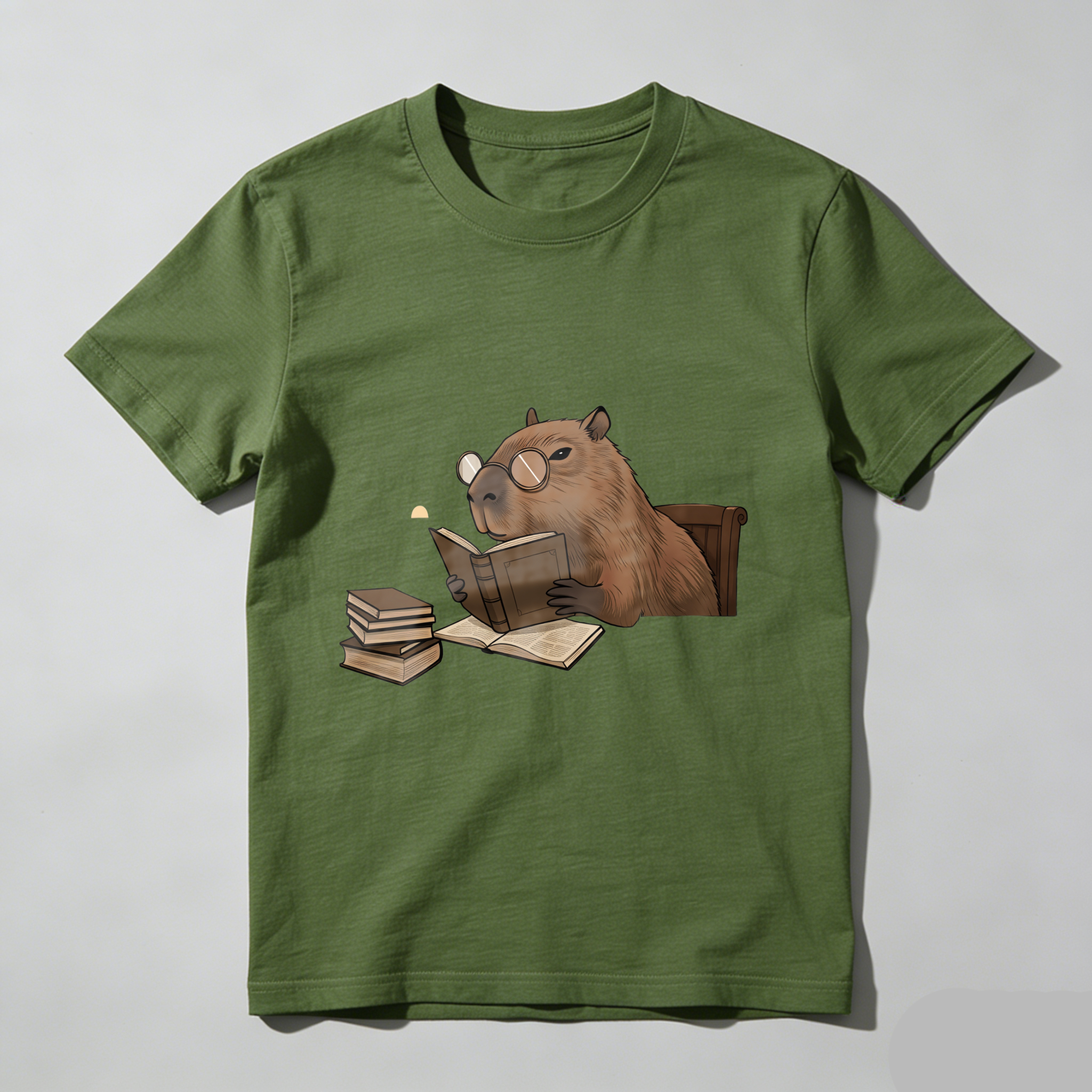 Wardrobecart Capybara Reading Book With Glasses And Stack Of Books Tshirt