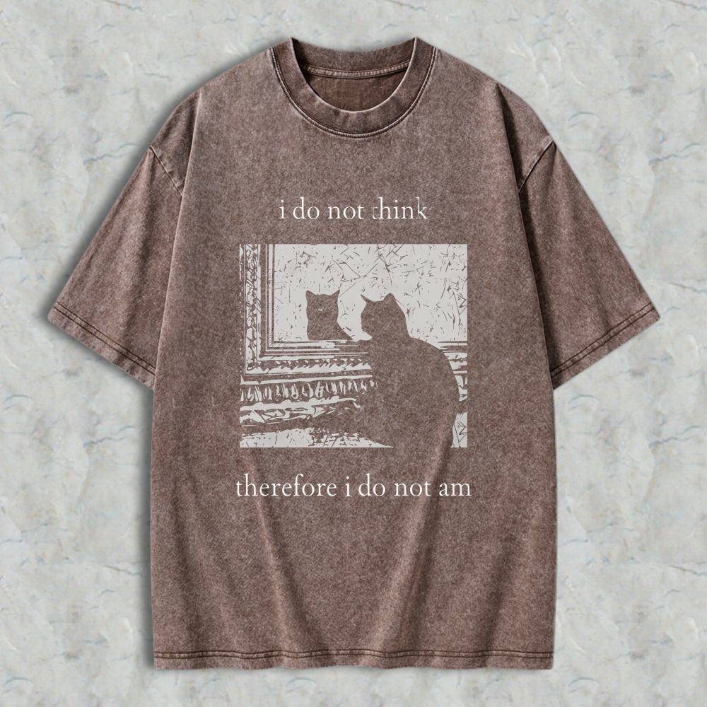 Wardrobecart Cat Silhouette Window Scene I Do Not Think Therefore I Do Not Am Unisex Washed T-shirt