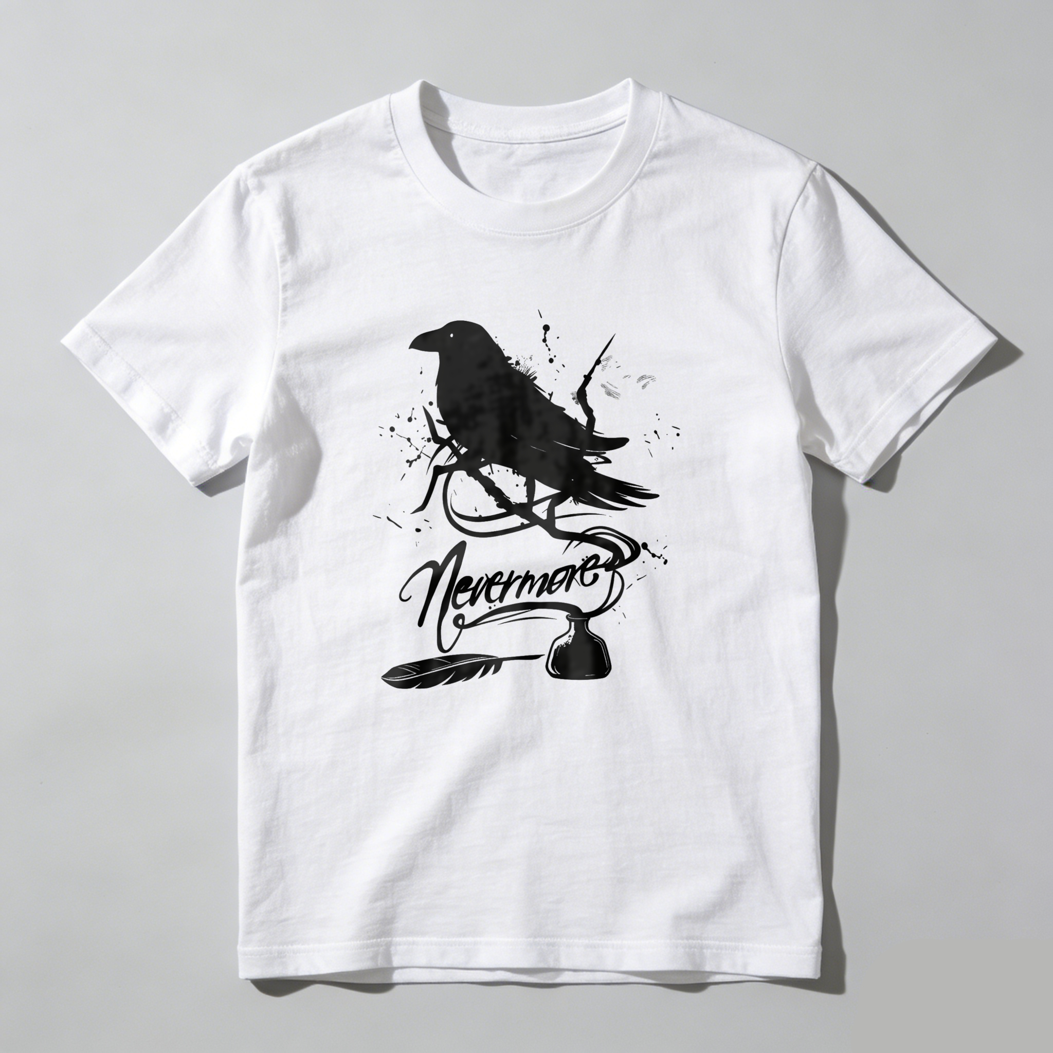 Wardrobecart White Raven Perched On Branch With Nevermore Text Tshirt