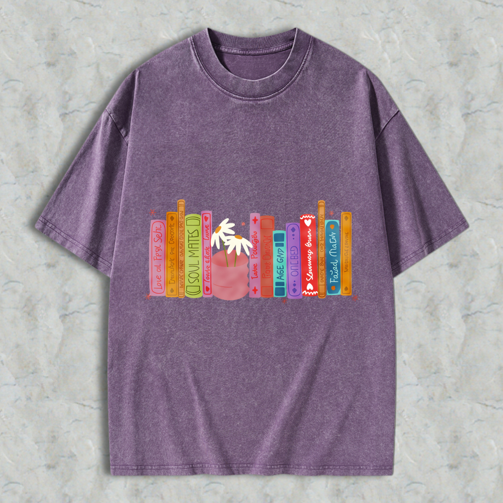 Wardrobecart Bookshelf With Palm Tree And Colorful Books Unisex Washed T-shirt