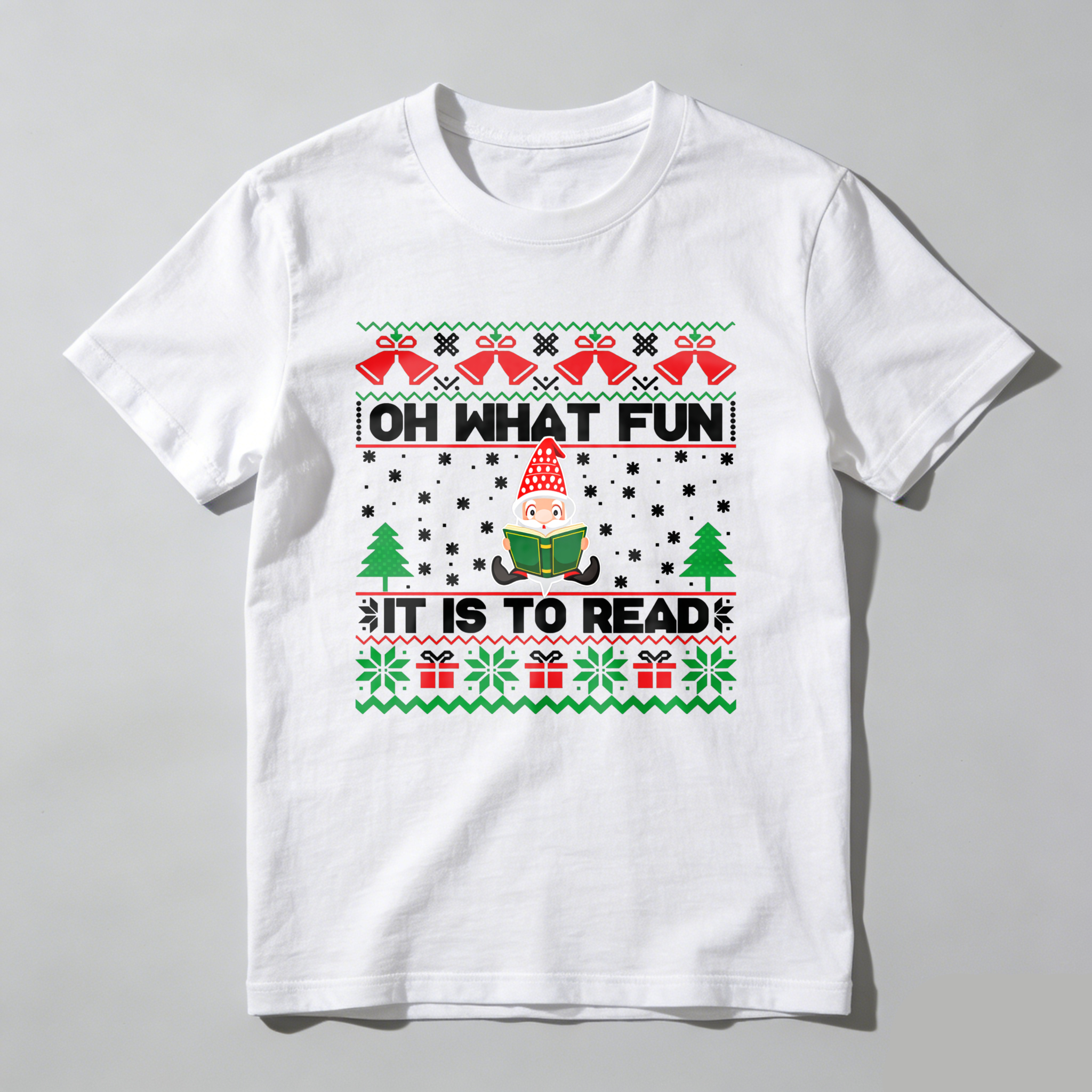 Wardrobecart Elf Reading Book Christmas Pattern Tshirt