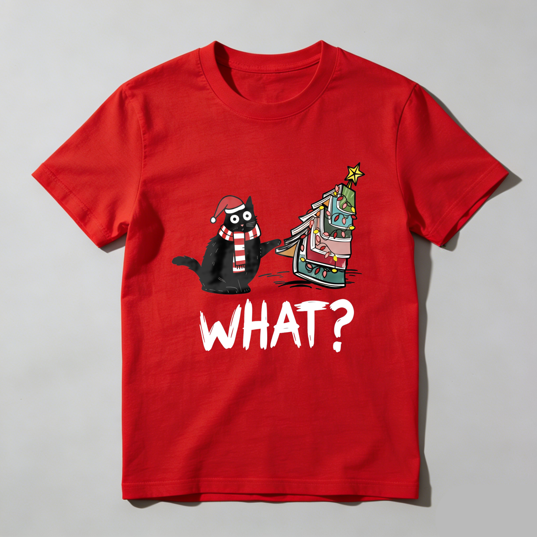 Wardrobecart Cat Wearing Santa Hat And Scarf   Christmas Tree Made Of Books   What Question Mark Below Tshirt