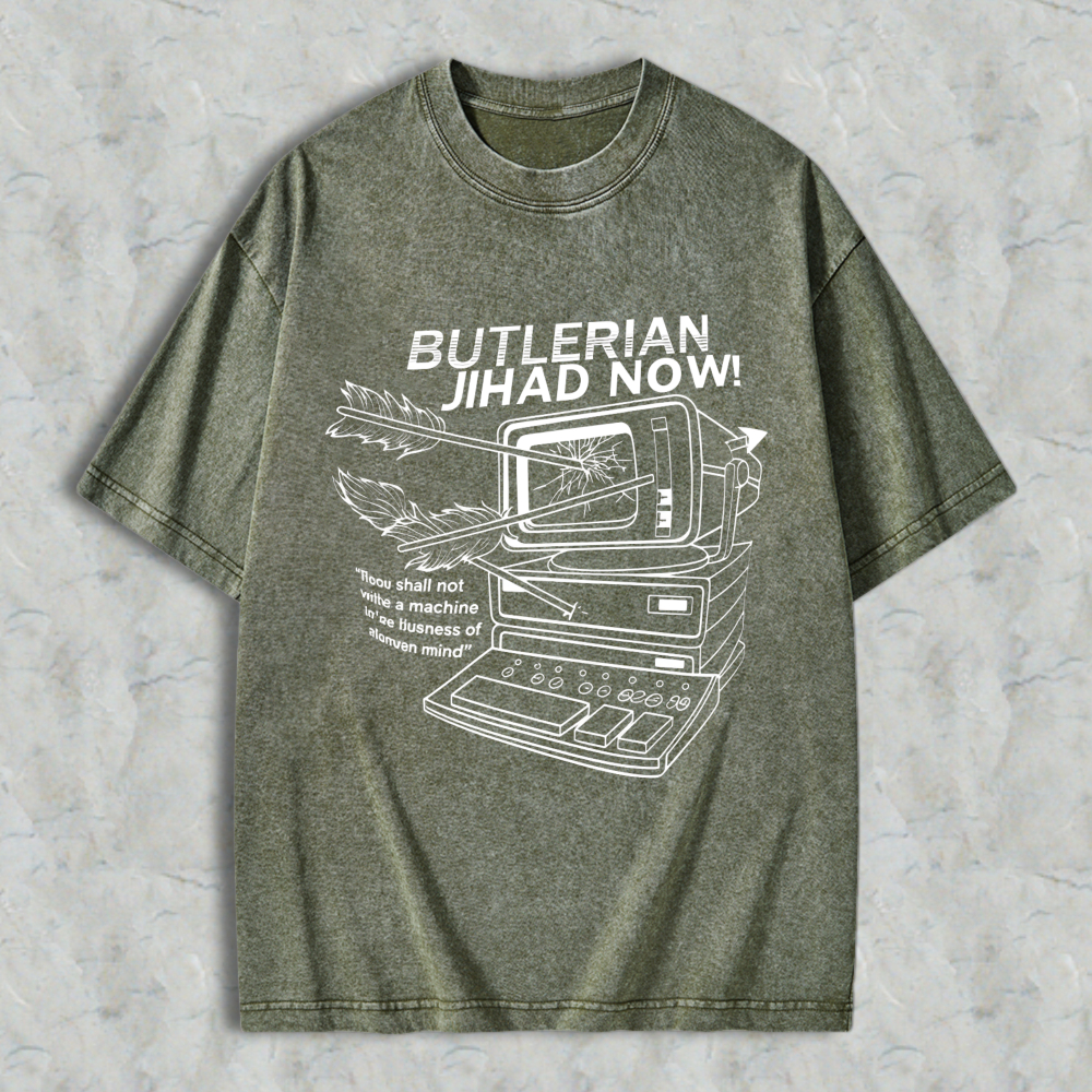 Wardrobecart Butlerian Jihad Now Computer With Arrow Through Screen And Quote Unisex Washed T-shirt