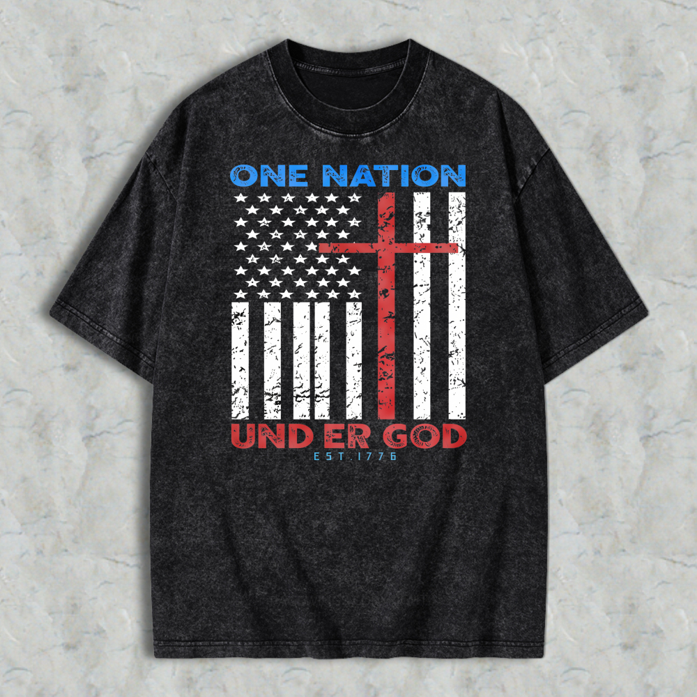 One Nation Under God American Flag With Cross Washed T-shirt